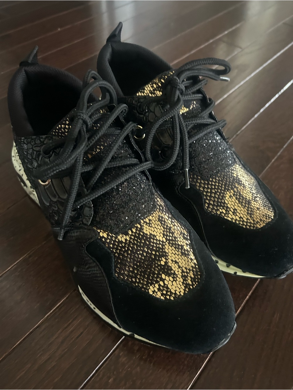 Steve Madden Black and Gold Mixed-Print Lace-Up Sneakers